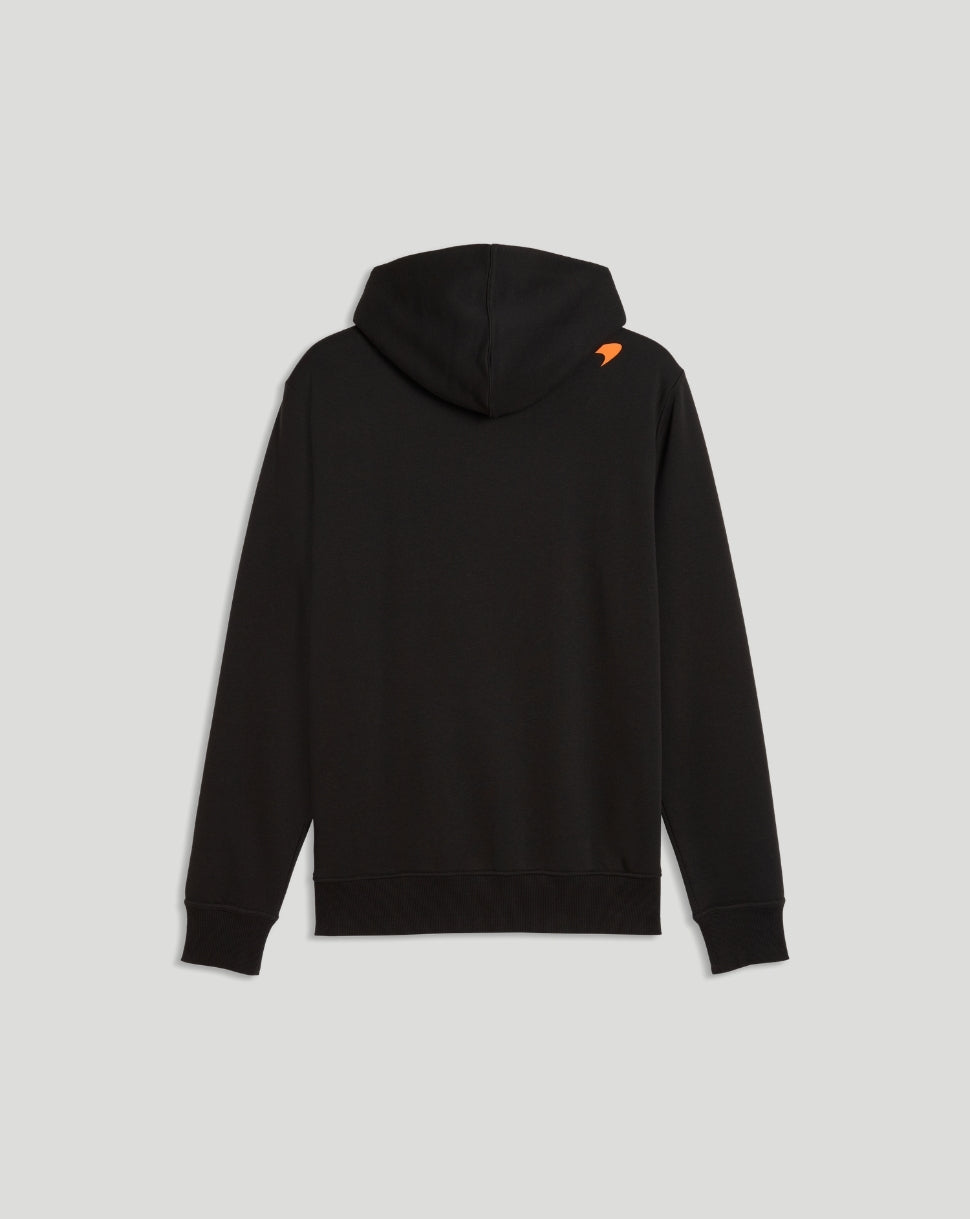 Back view of black McLaren hoodie with small orange accent near the shoulder