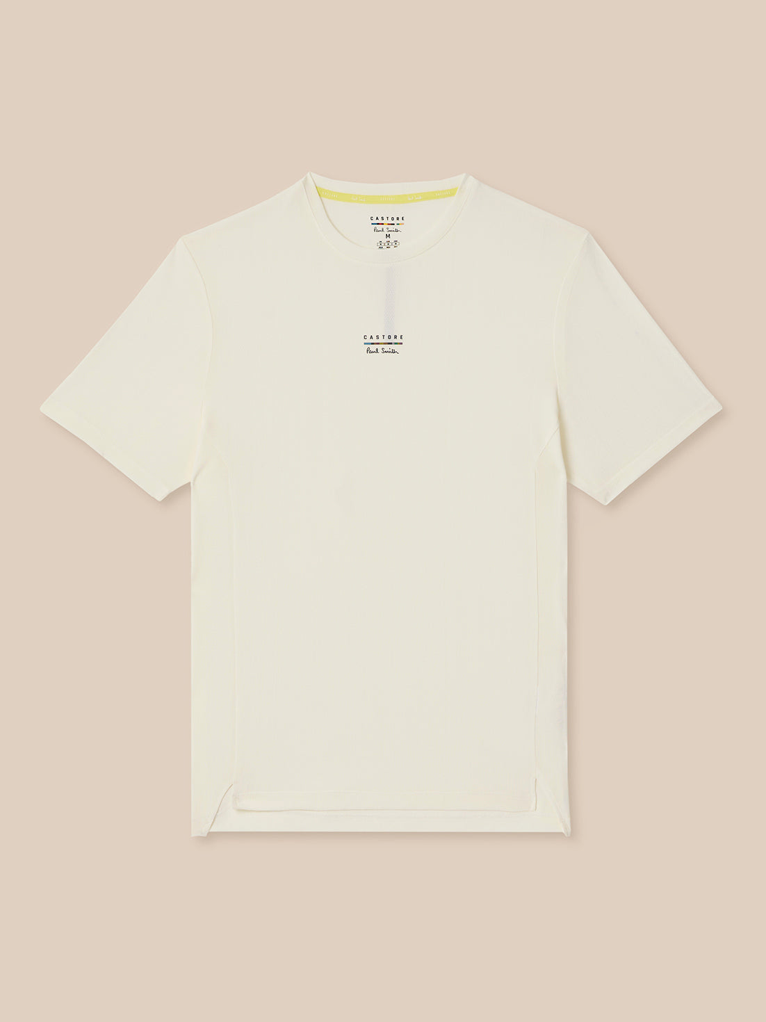 White t-shirt with text on a beige background