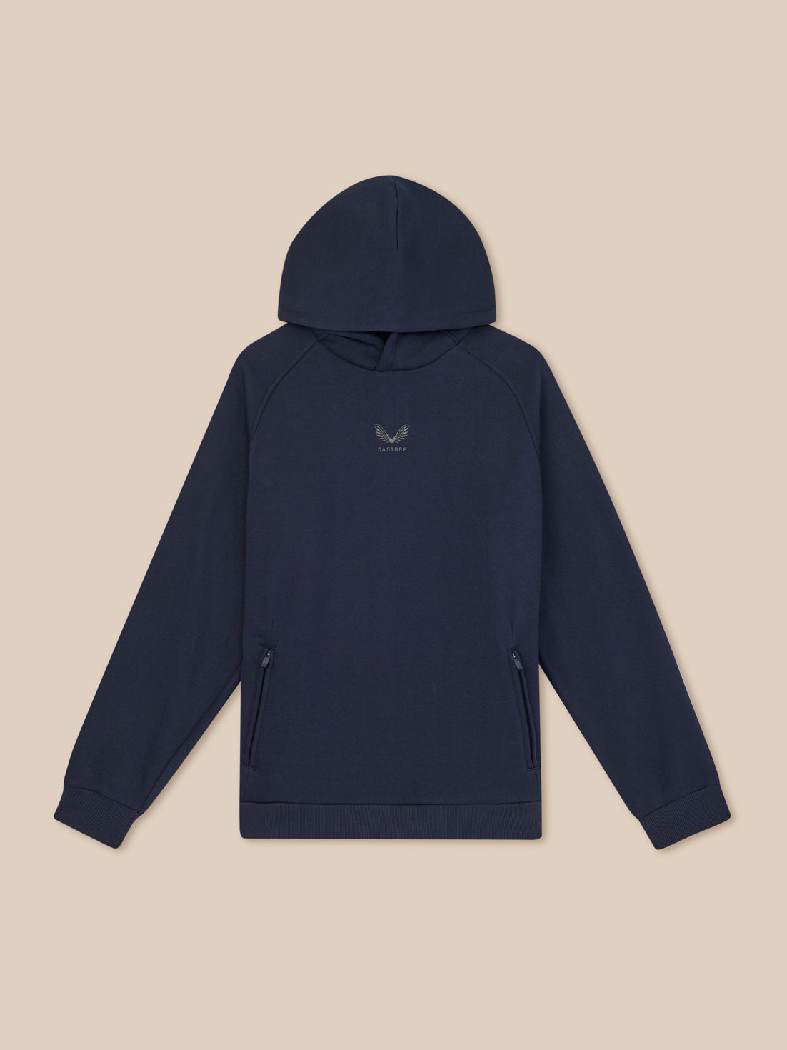 Navy blue hoodie with a small logo on a beige background