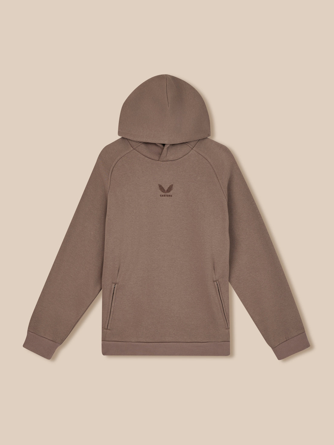 Brown hoodie with a logo on a beige background