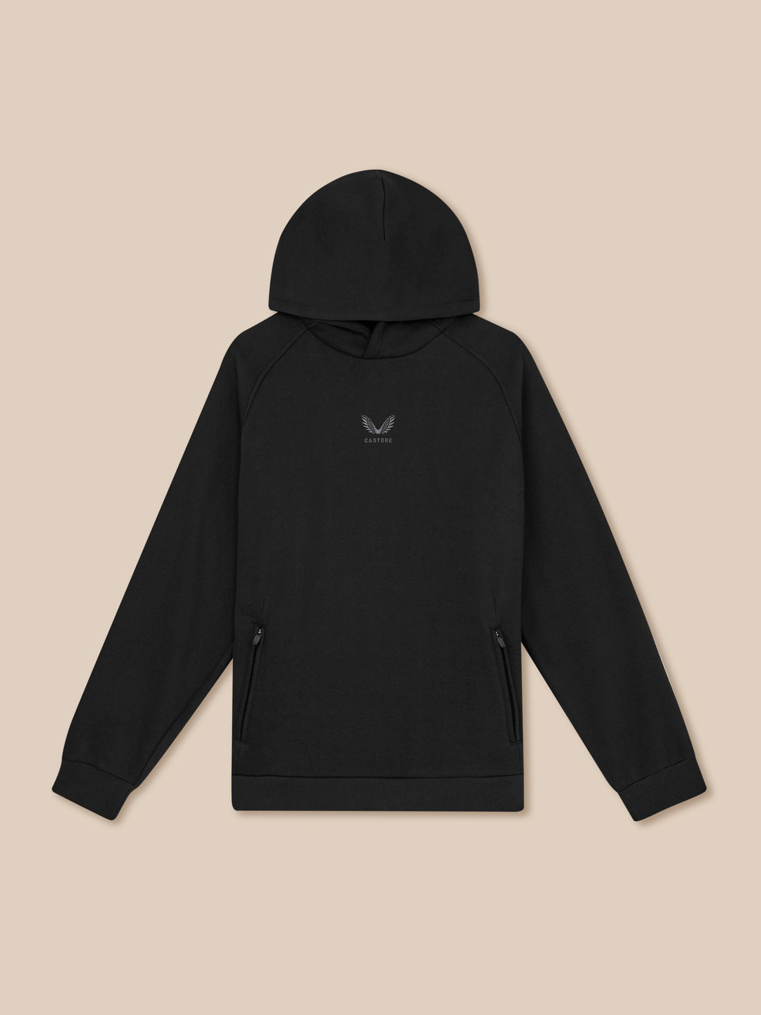 Black hoodie with a logo on a beige background