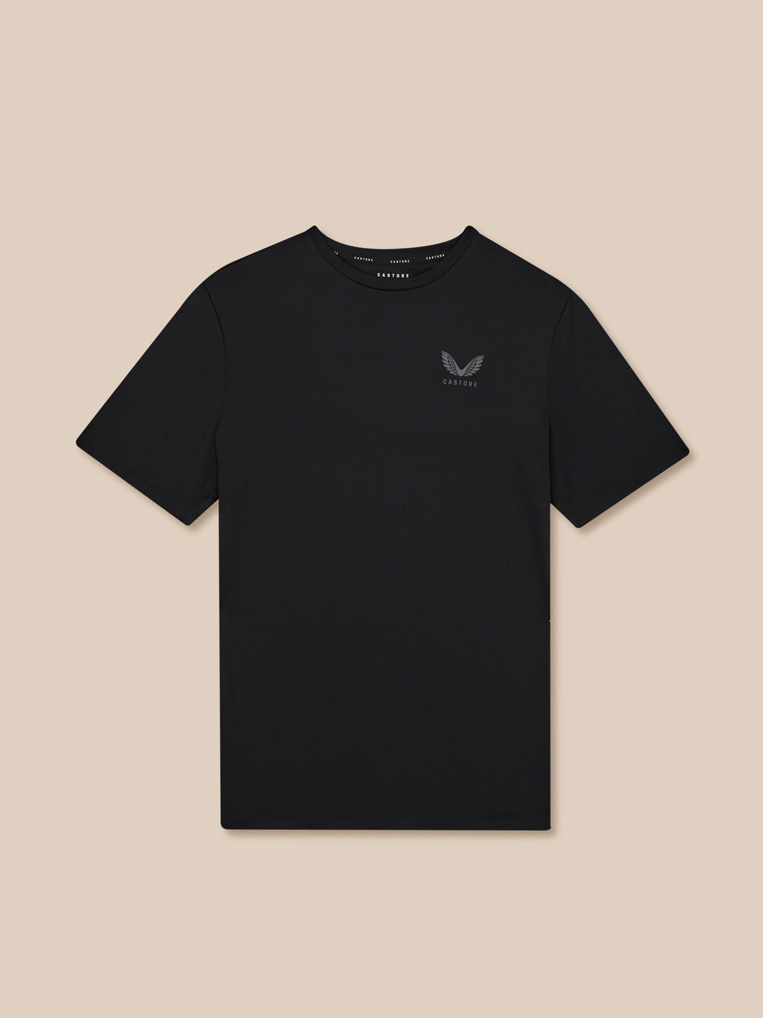 Black t-shirt with a logo on a beige background