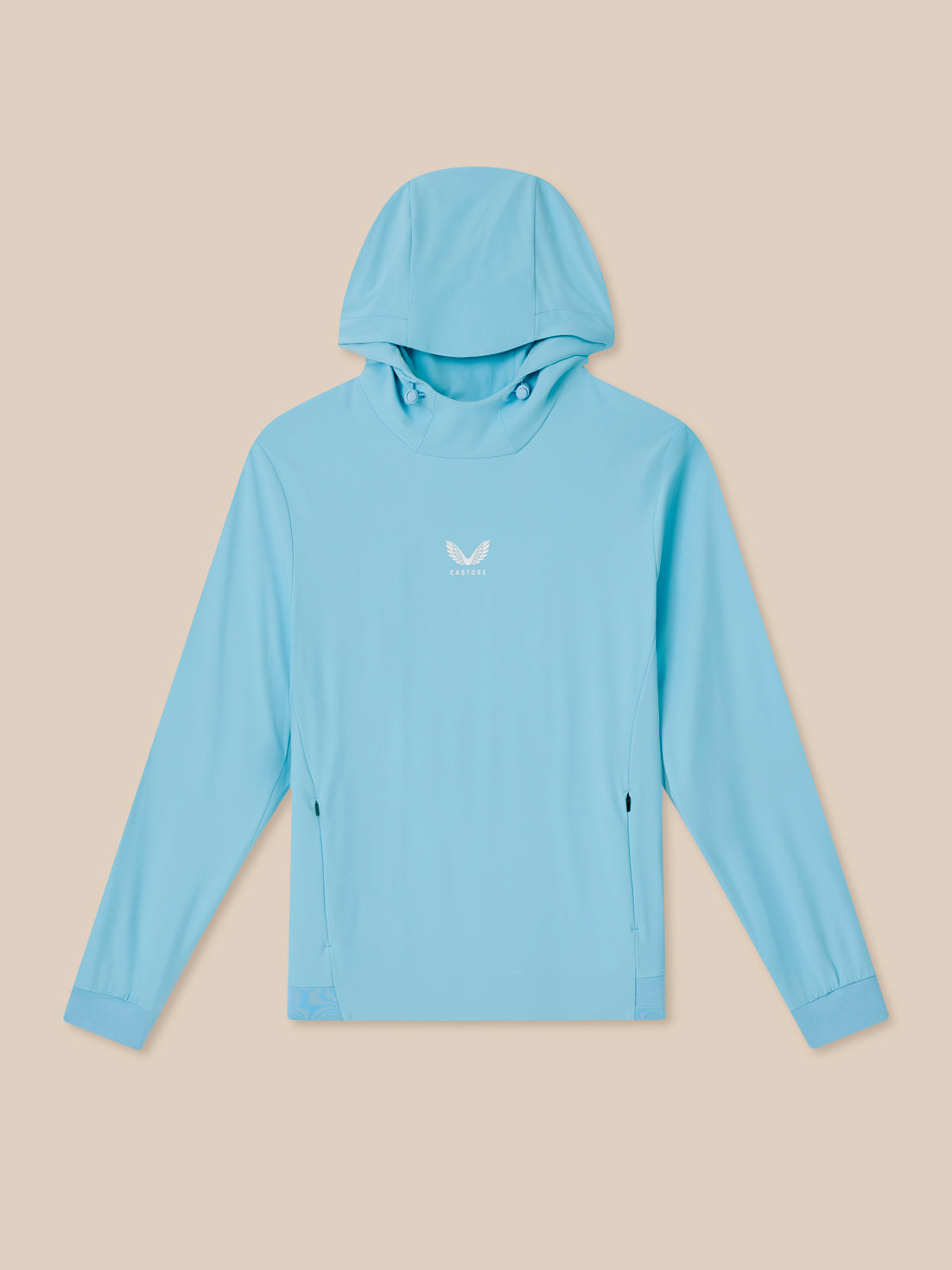 Light blue hoodie with a brand logo on a beige background