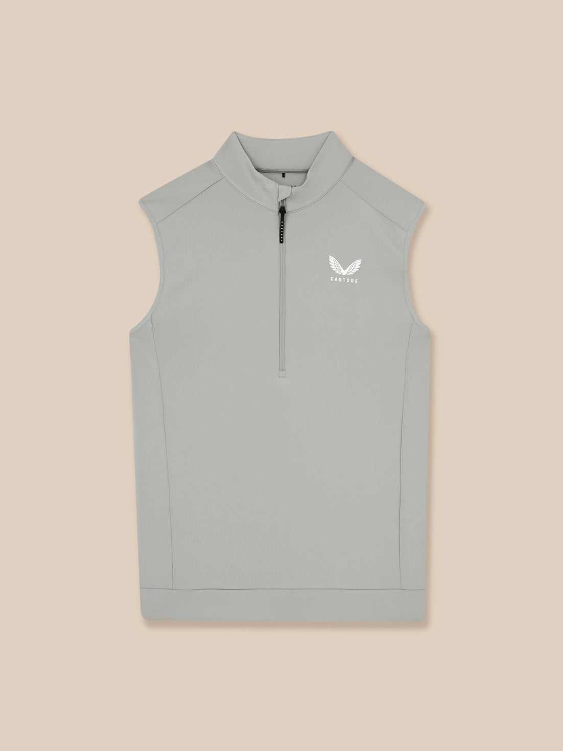 Gray sleeveless vest with a brand logo on a beige background