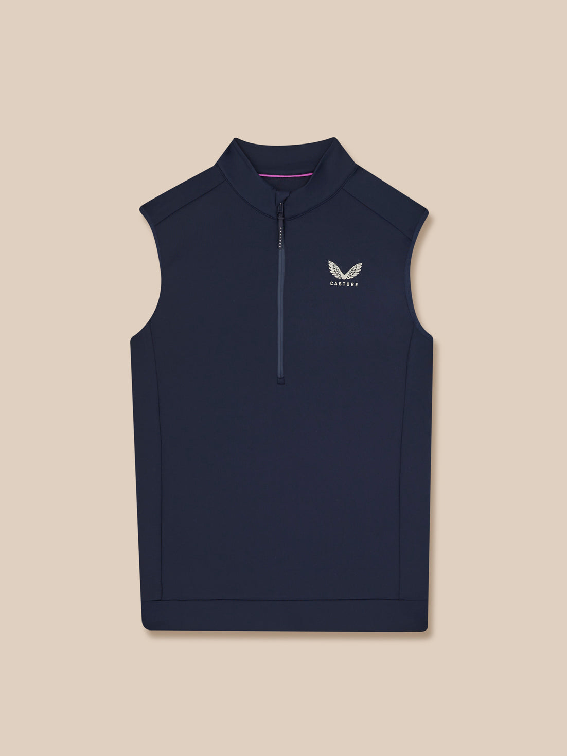 Navy sleeveless golf shirt with a brand logo on a beige background