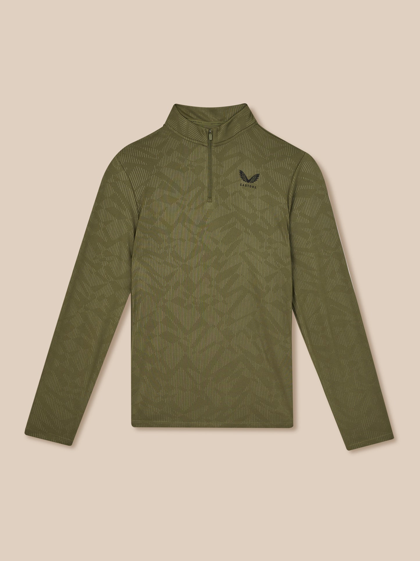 Green long-sleeve shirt with a quarter zip on a beige background