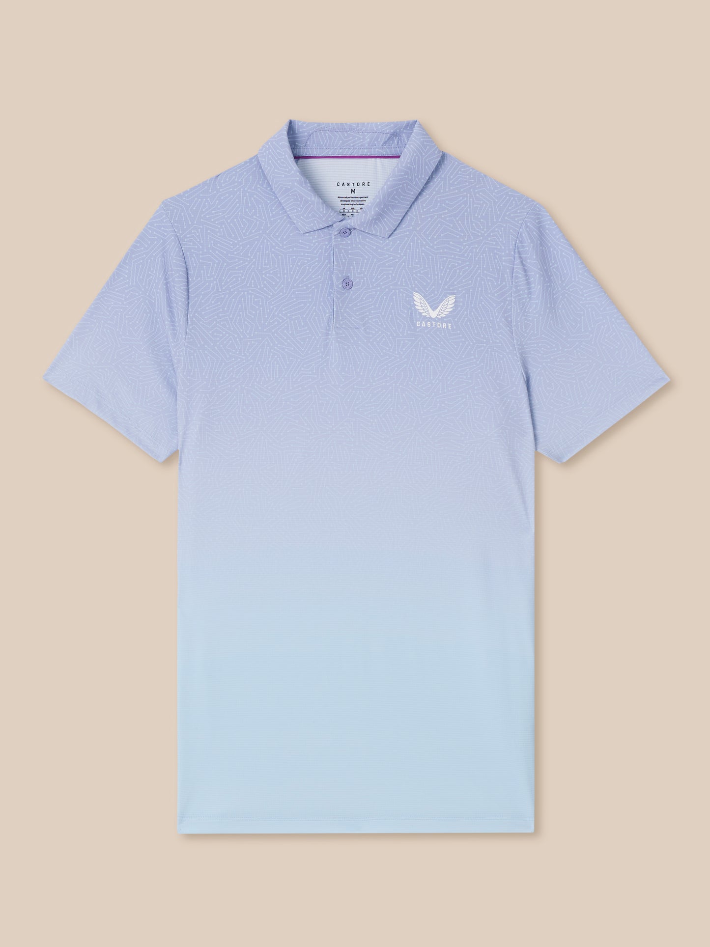 Light blue polo shirt with a small logo on a beige background
