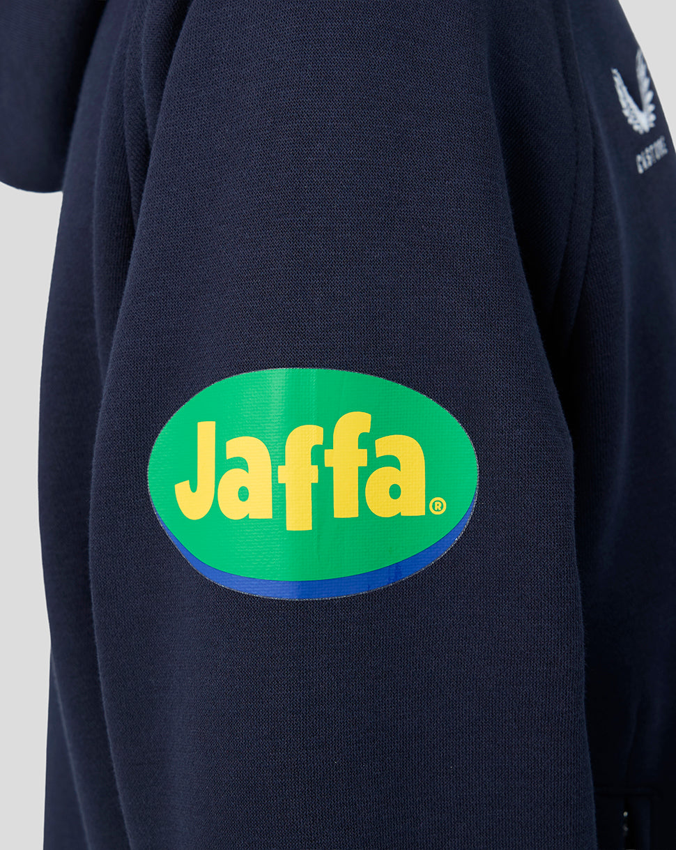 Navy Leicester Tigers travel hoodie sleeve featuring the bold Jaffa sponsor patch