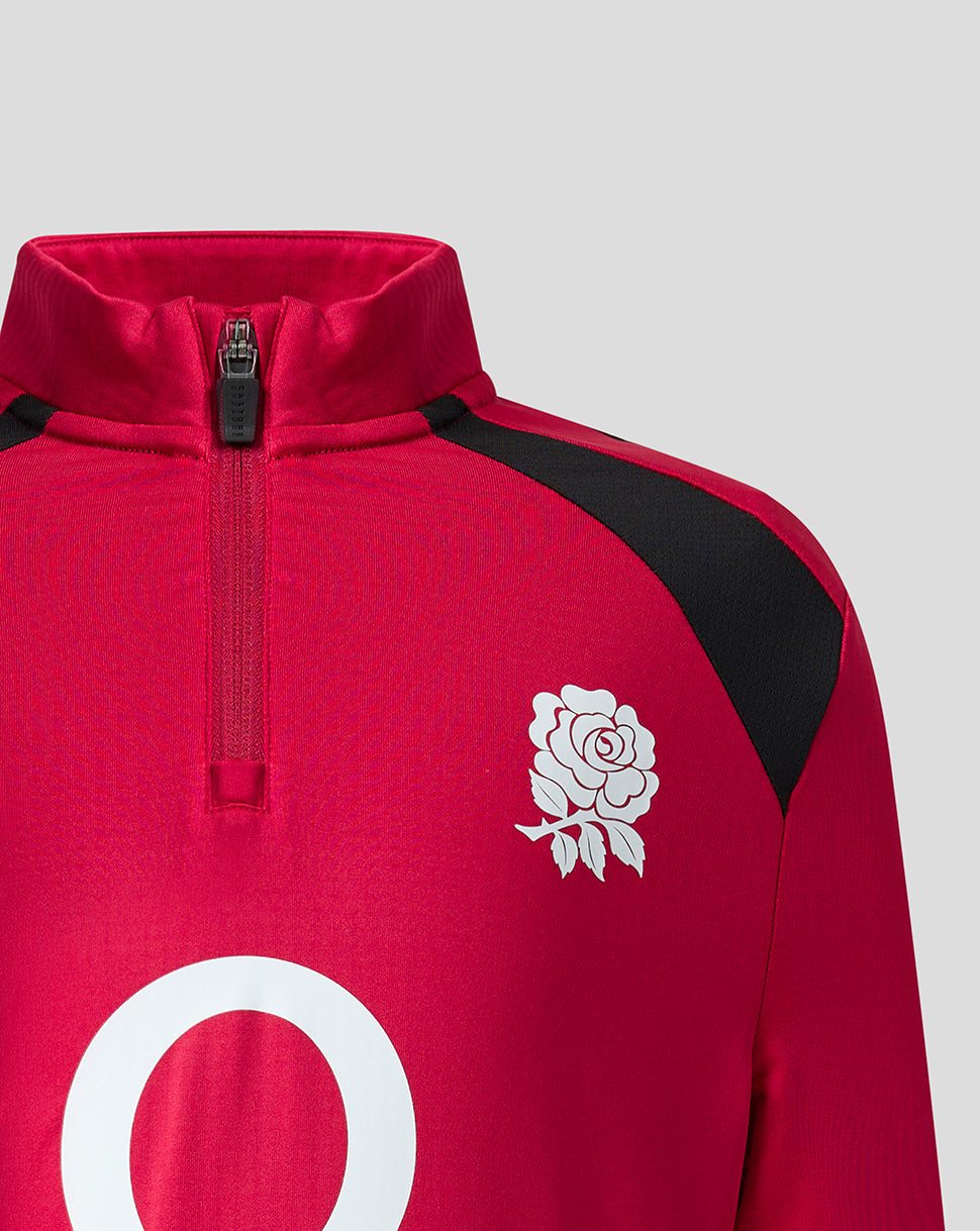 Red sports jacket with a white logo on a light gray background