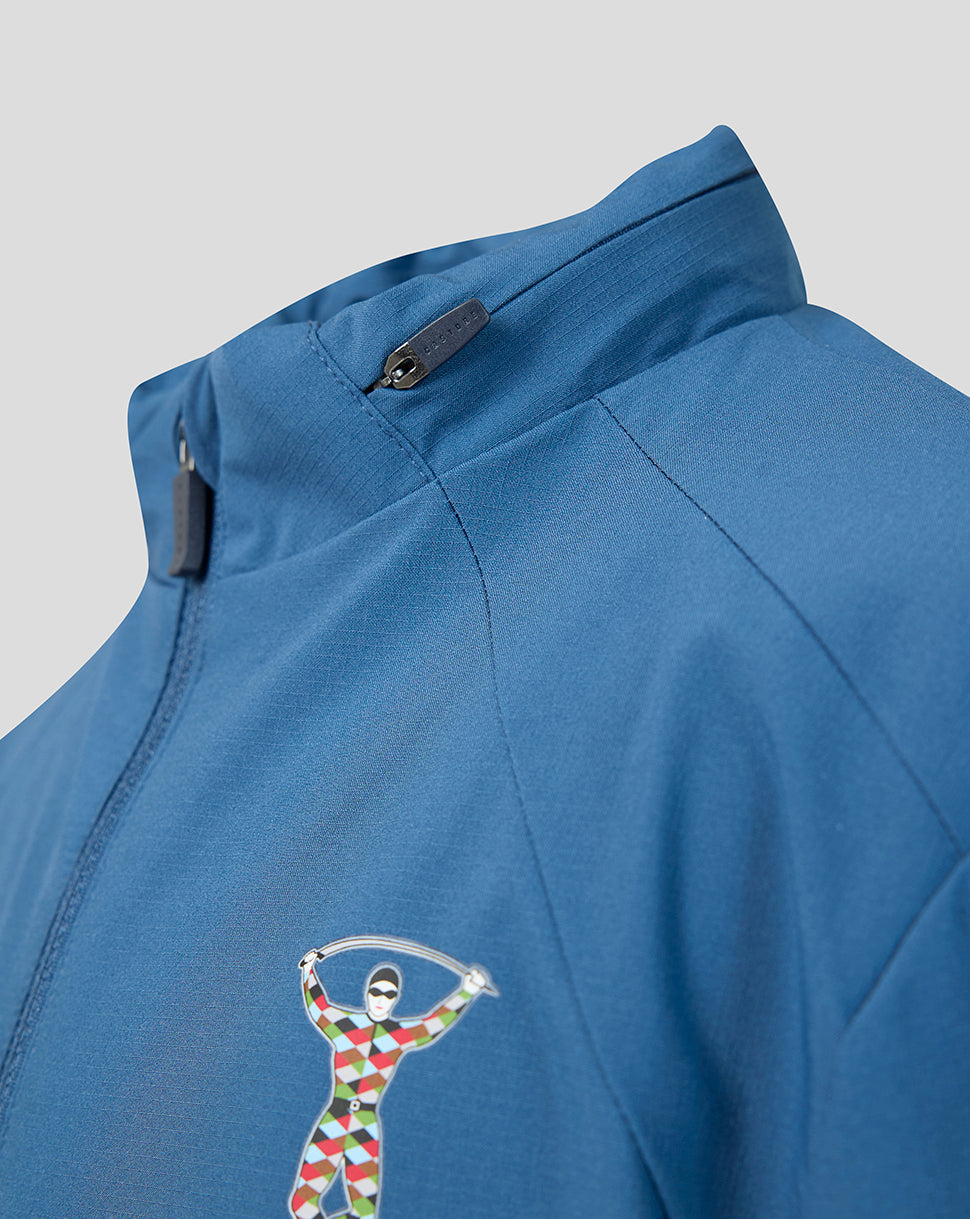 Blue jacket with a colorful graphic design on a gray background