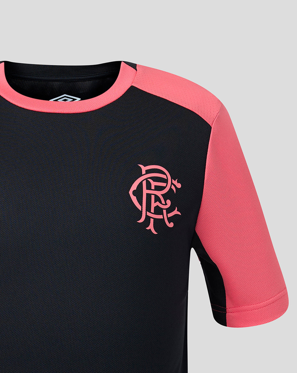 Black and pink sports jersey with a logo on a gray background