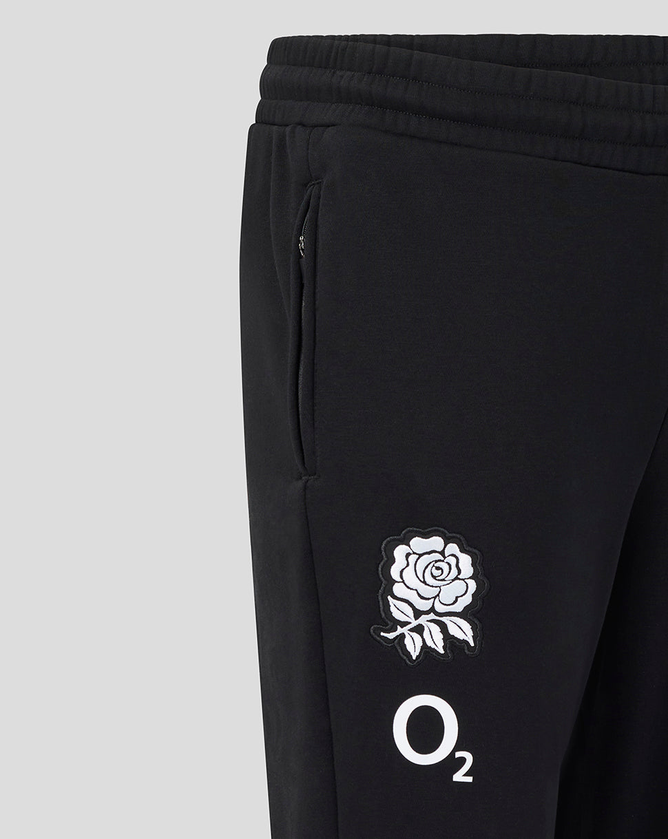 Black pants with a white logo on a light gray background