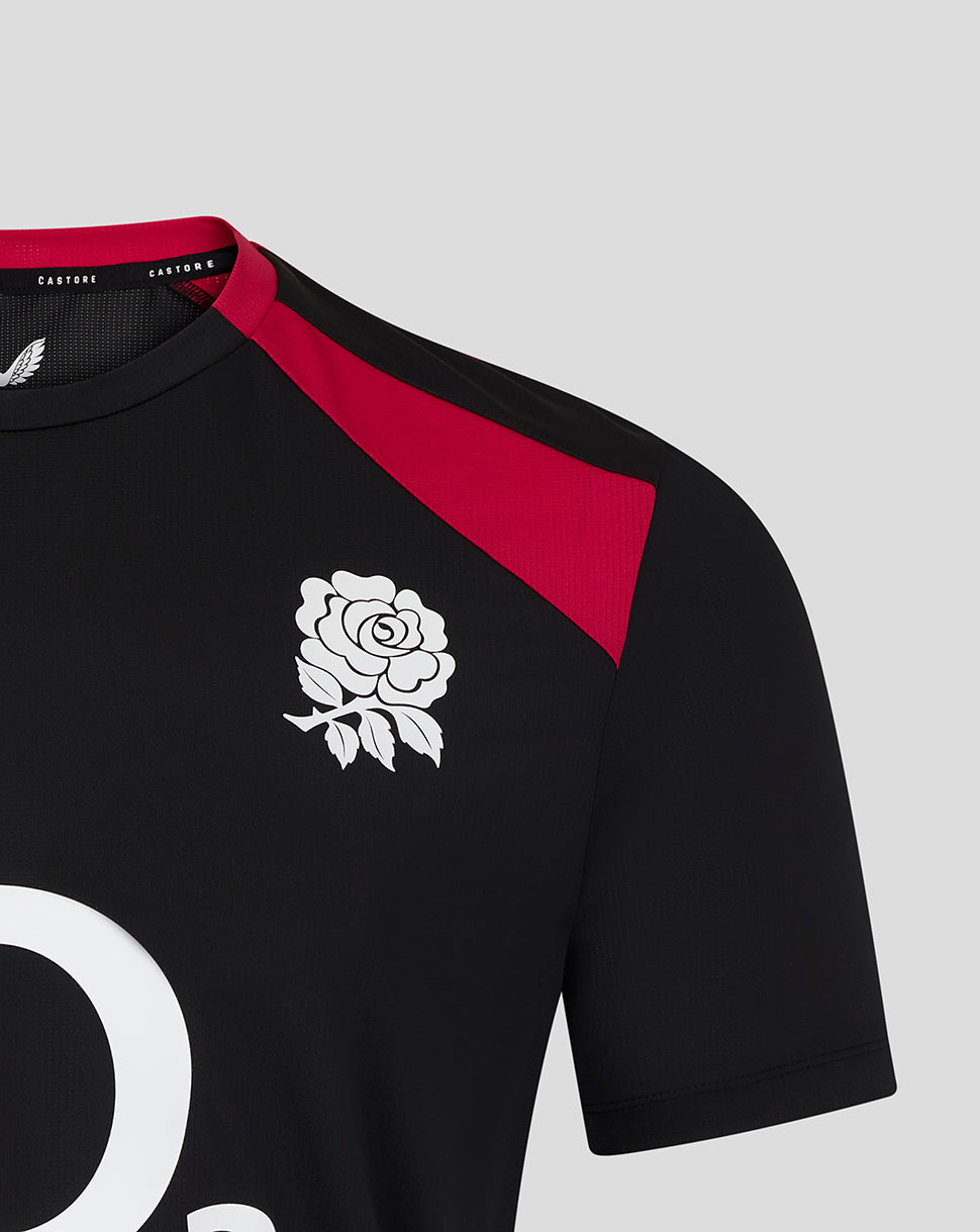 Black sports jersey with red accents and a white rose emblem on a gray background