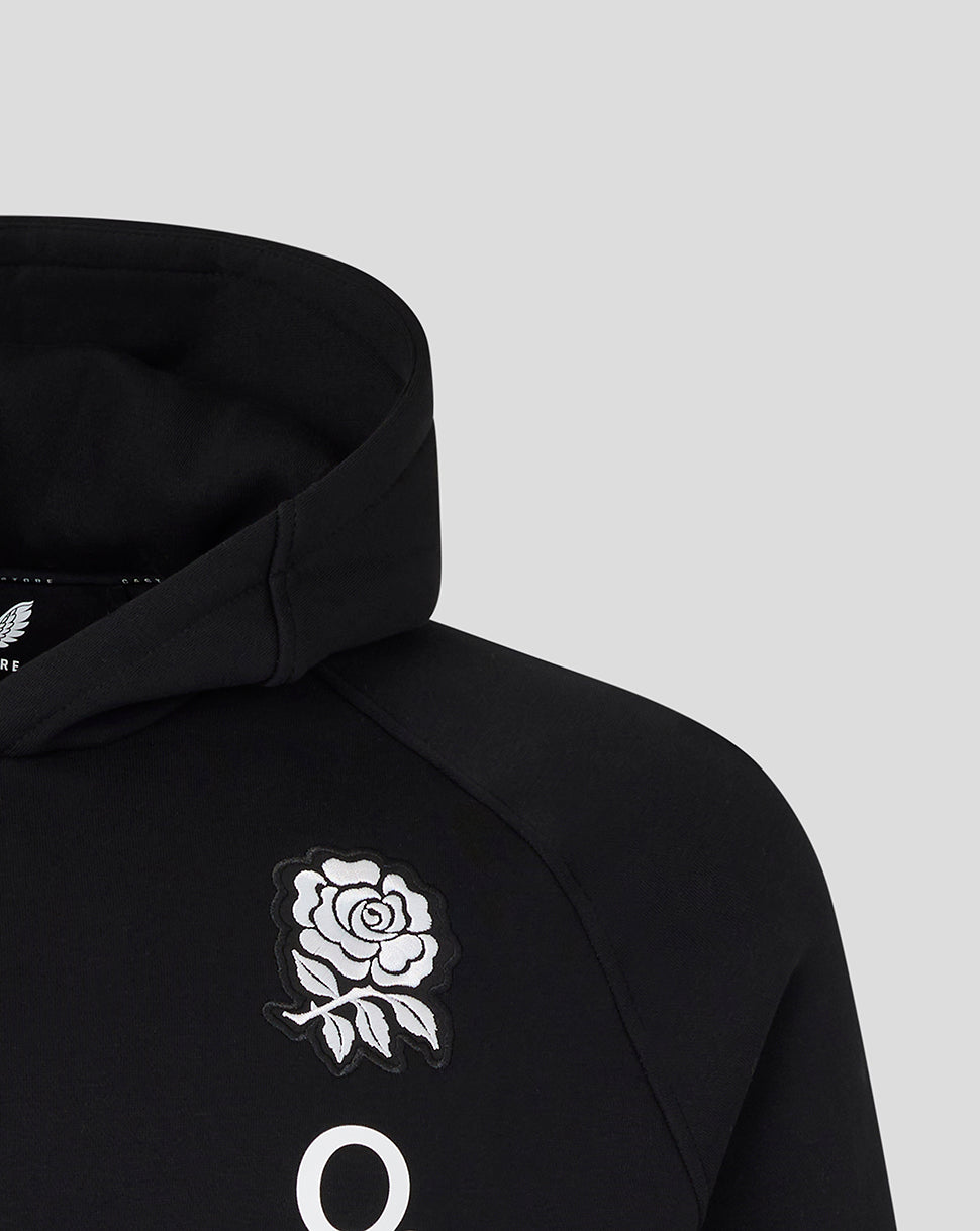 Black hoodie with white rose emblem on a light gray background