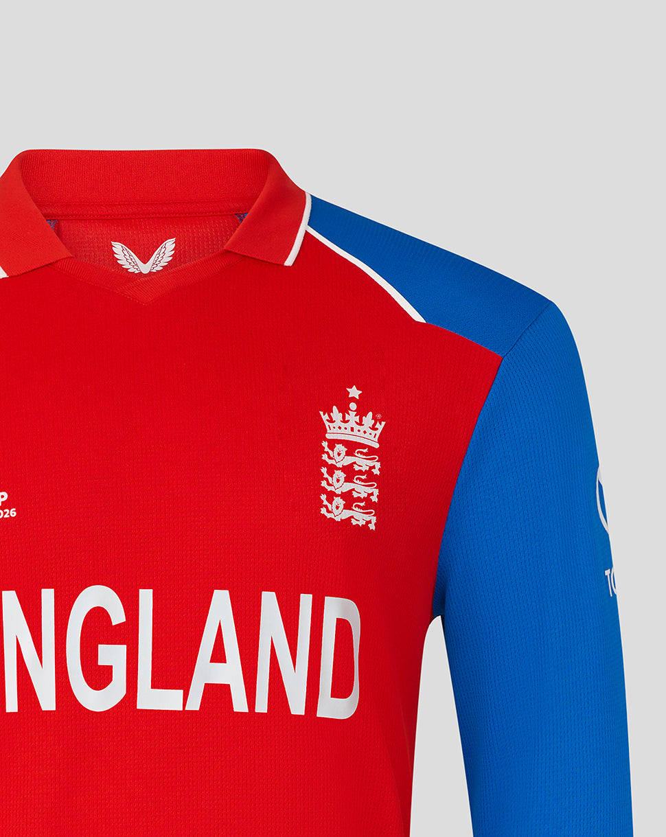 Red and blue sports jersey with 'England' text and logo on a gray background