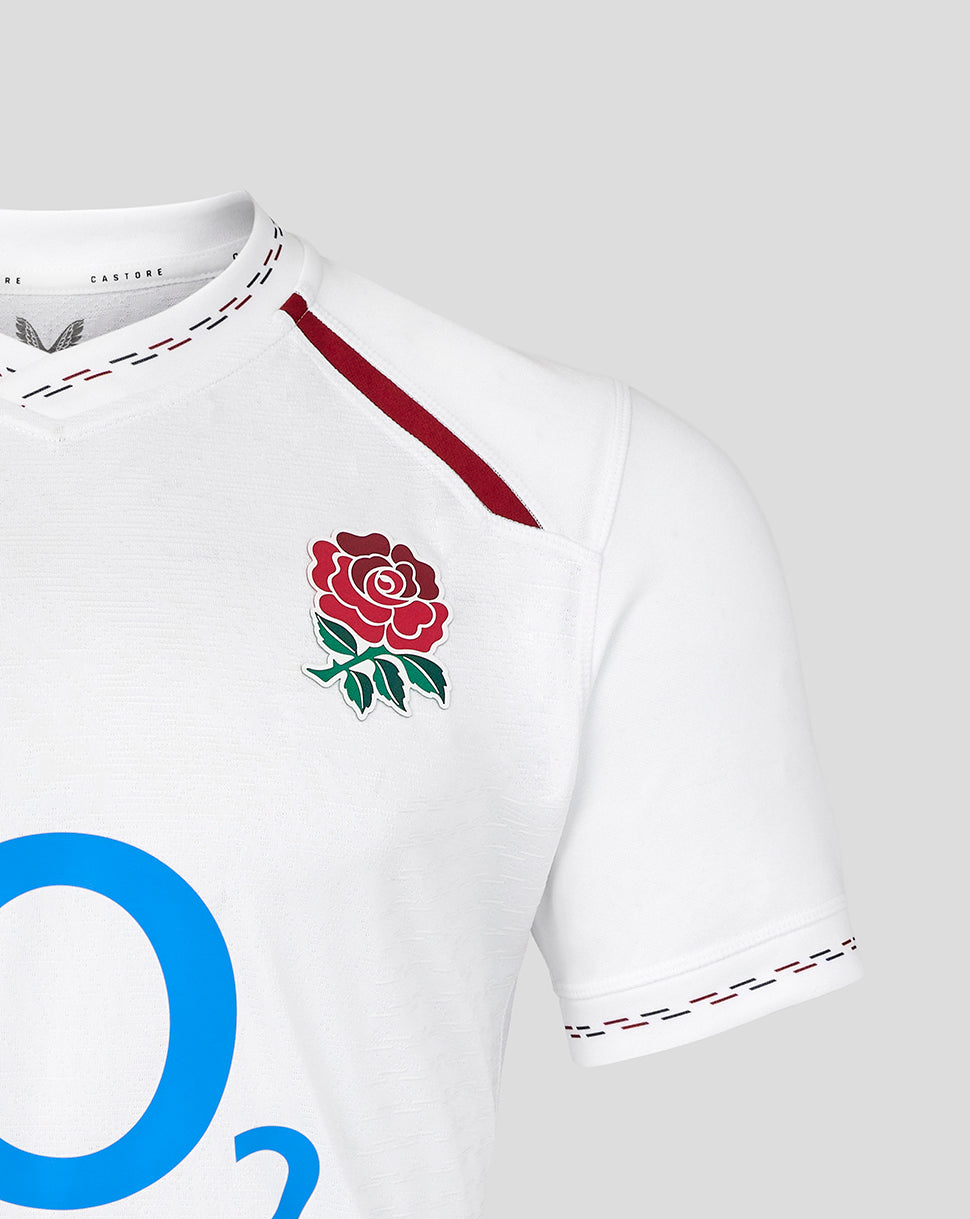 White sports jersey with a red rose emblem on a light gray background