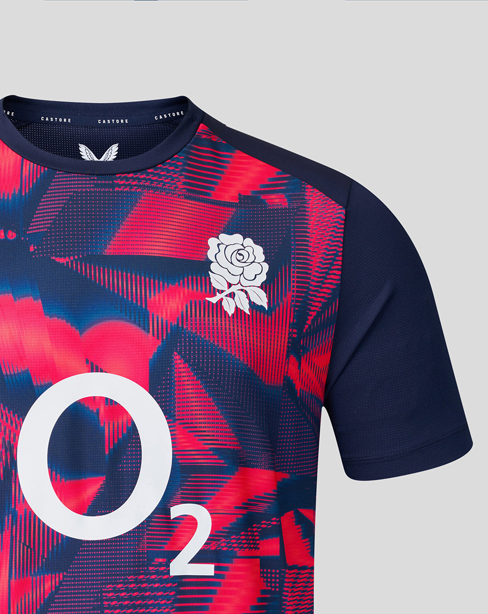 Navy and red sports jersey with a white rose emblem and 'O2' logo on a light gray background
