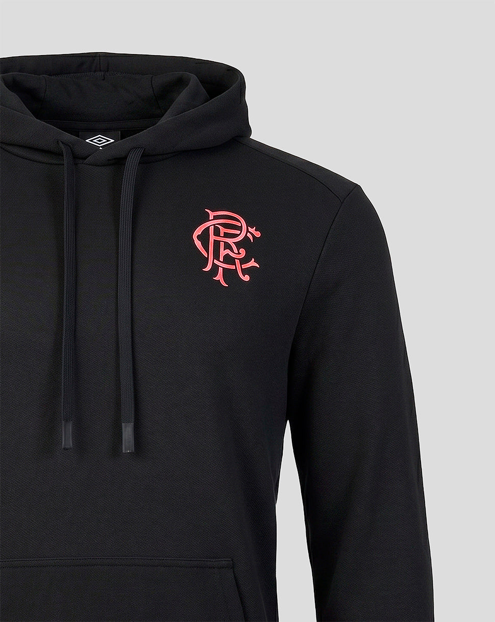 Black hoodie with a red logo on a light gray background
