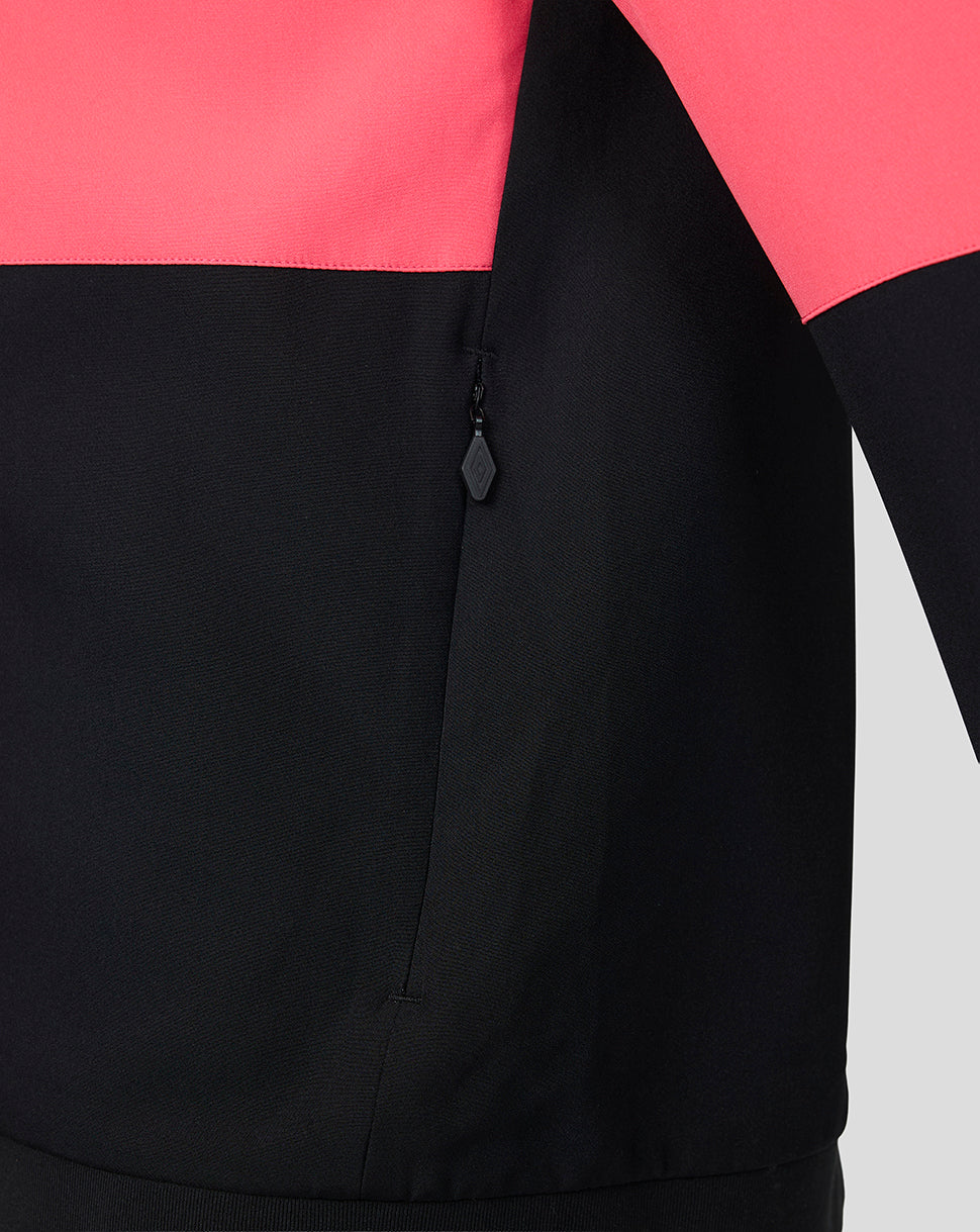 Close-up of a black jacket with pink and black color block design.
