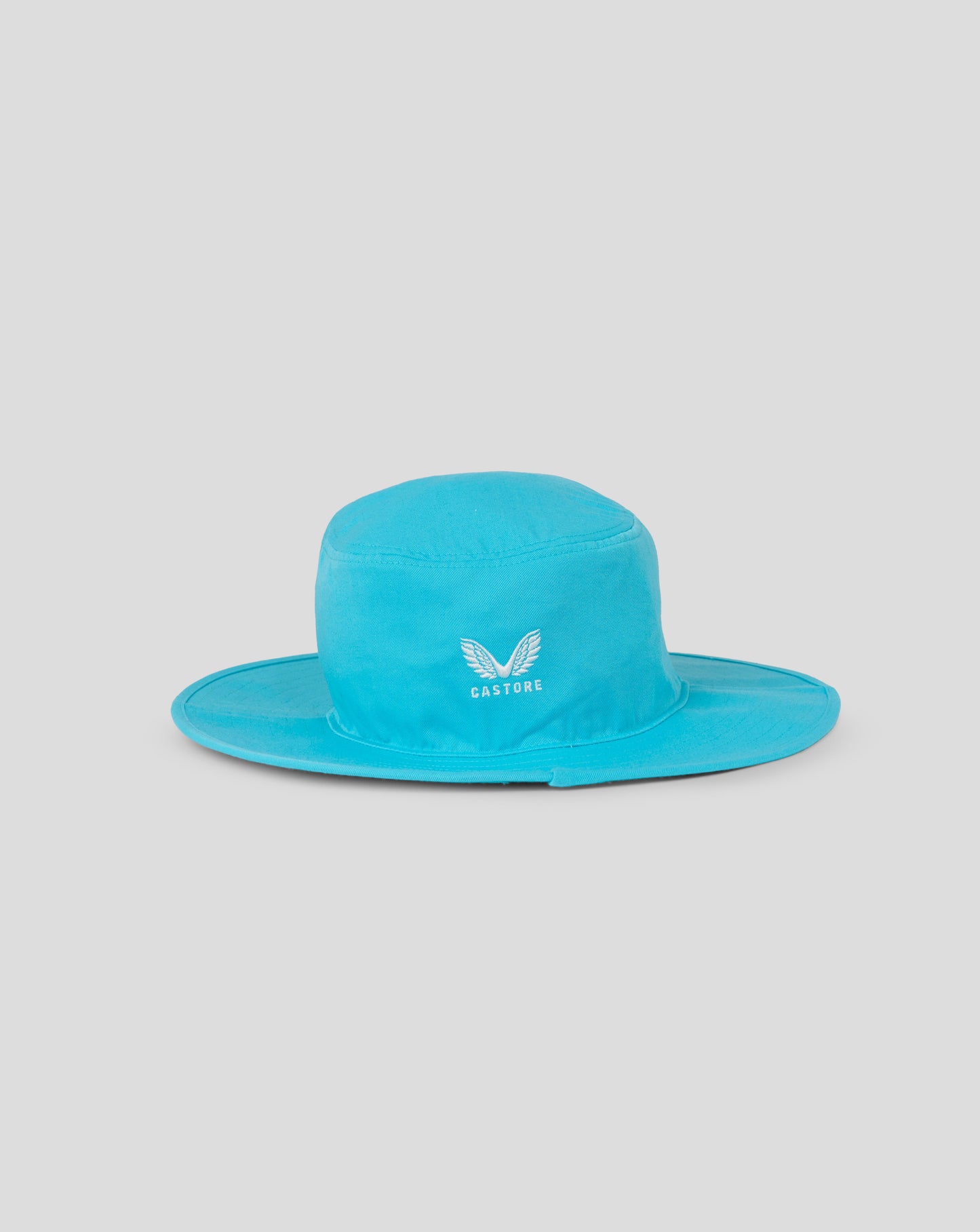 Turquoise bucket hat with a logo on a gray background