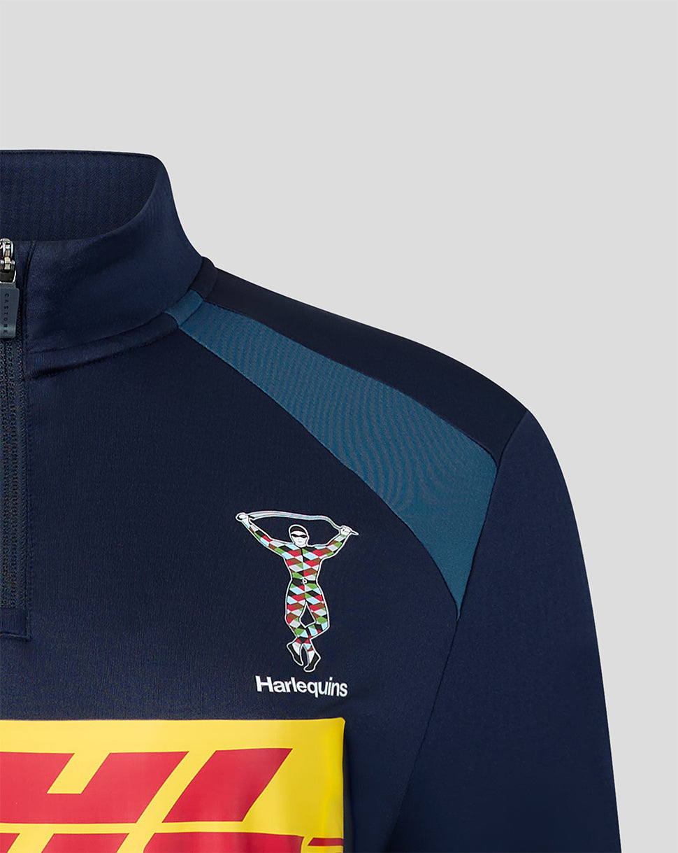 Navy sports jacket with Harlequins logo and DHL branding on a gray background