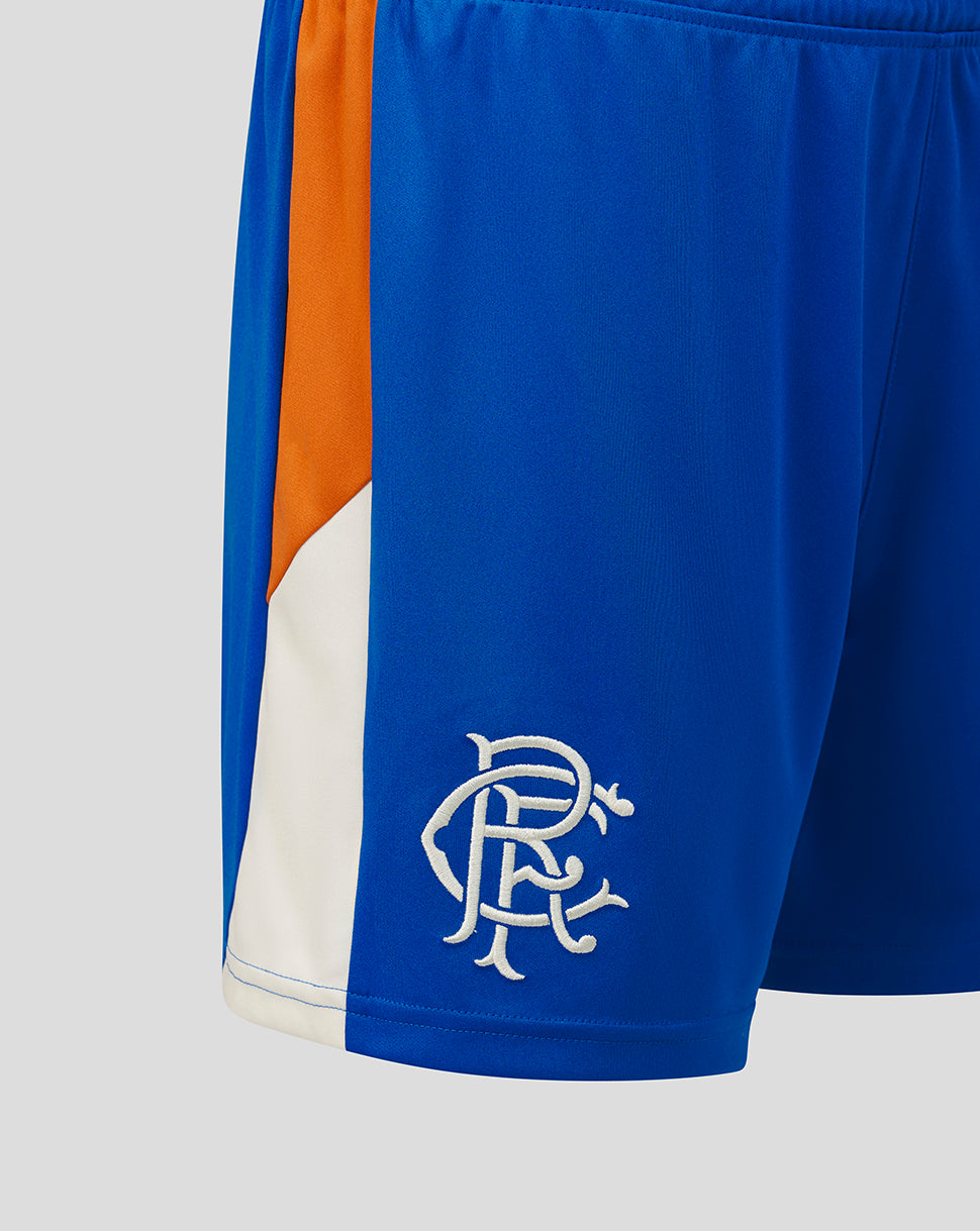Blue shorts with orange and white accents featuring a logo on a light gray background