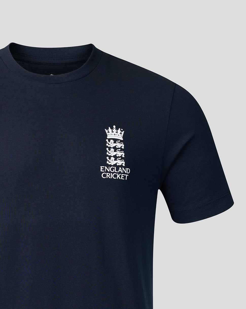 Navy blue t-shirt with England Cricket logo on a light gray background