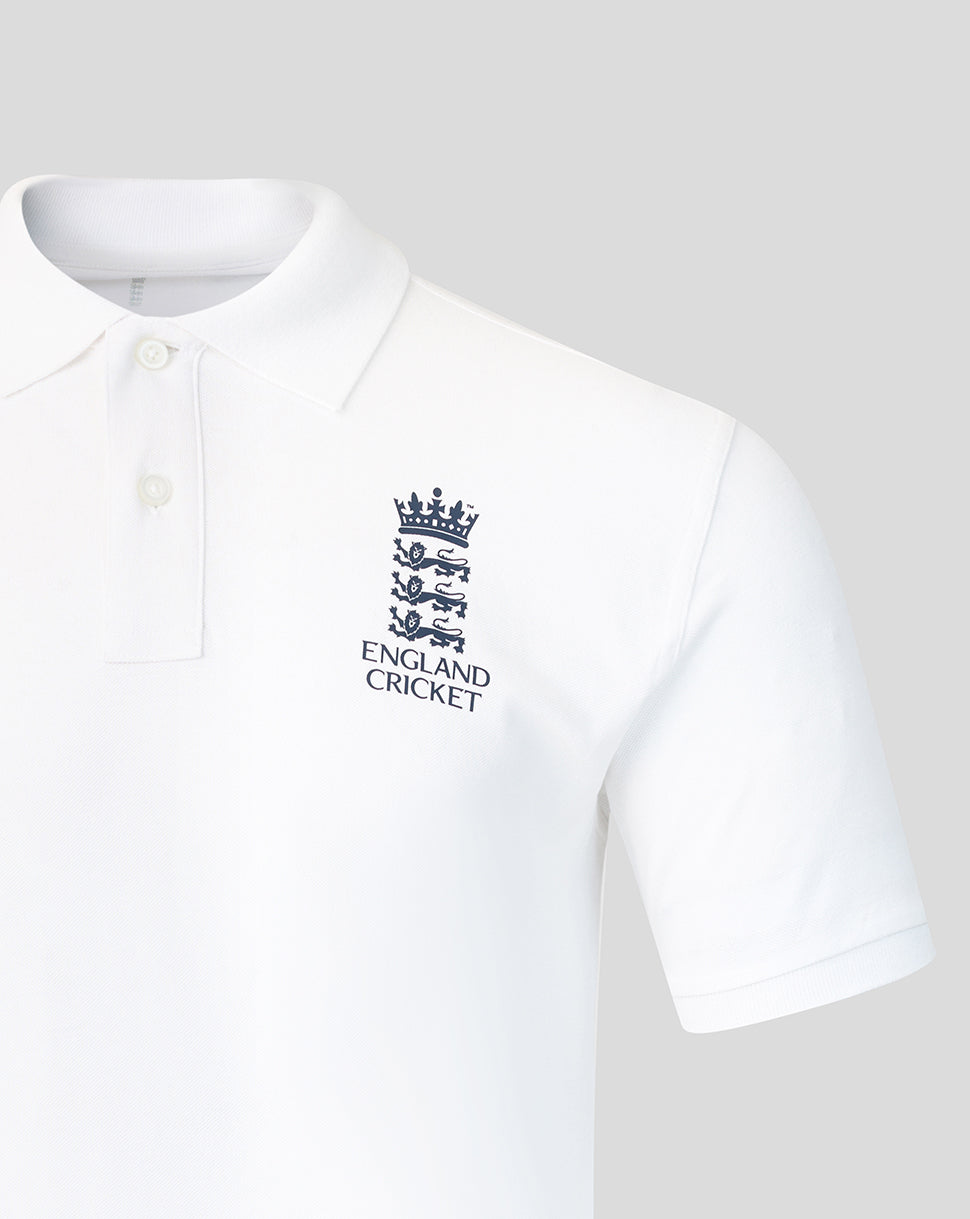 White polo shirt with England Cricket logo on a light gray background