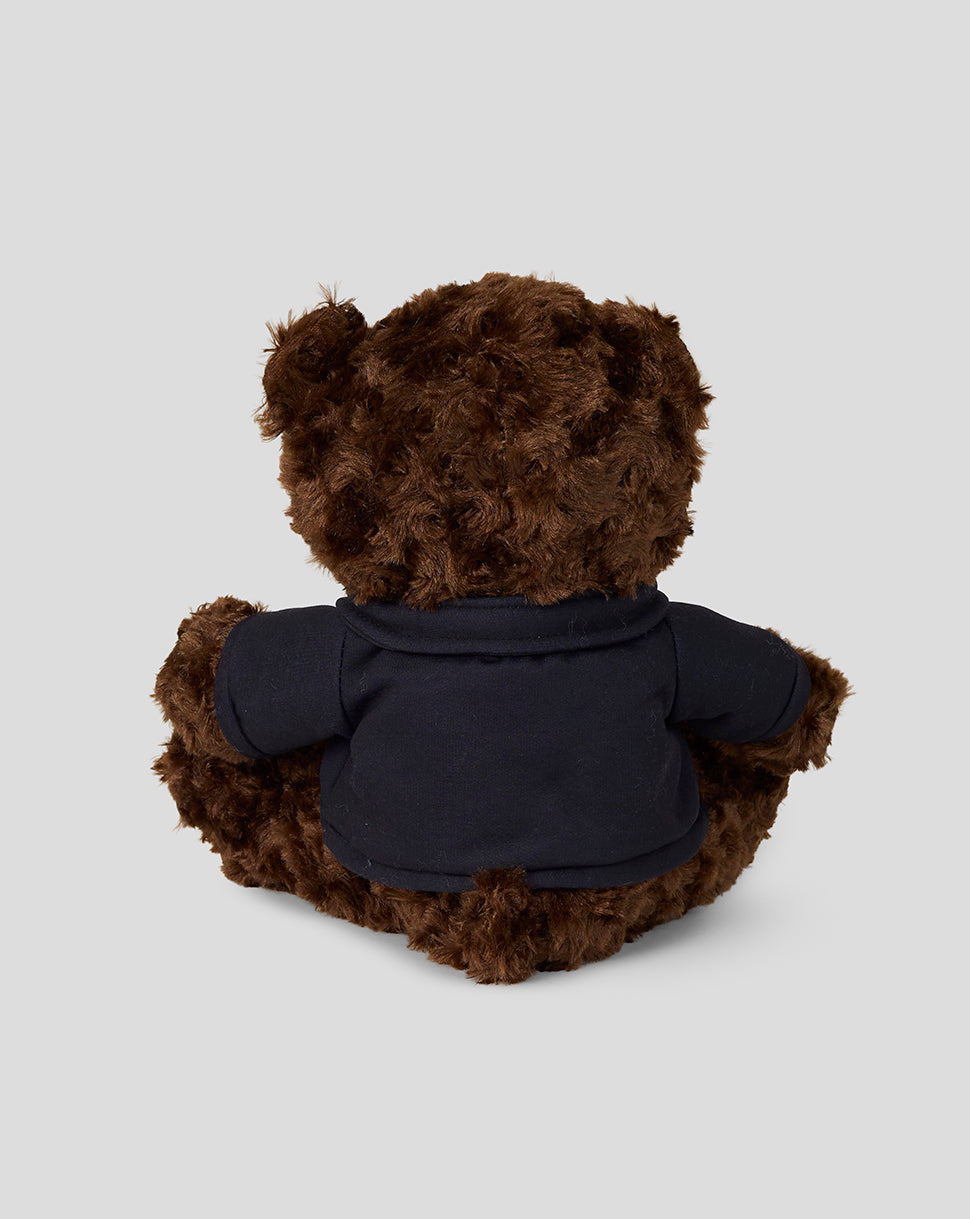 Brown teddy bear wearing a black hoodie on a light gray background