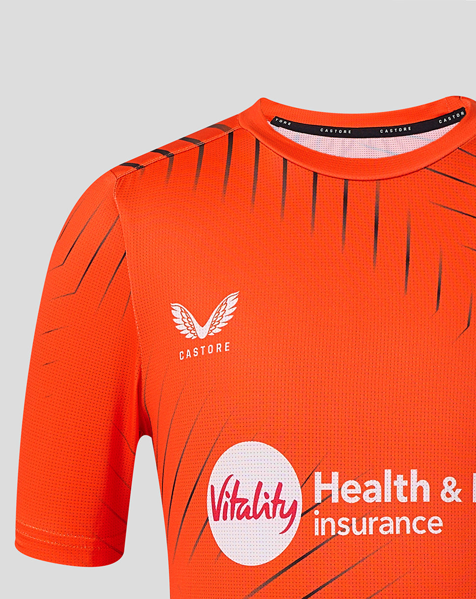 Sunrisers Leeds juniors orange training T-shirt with winged crest and Vitality sponsor logo