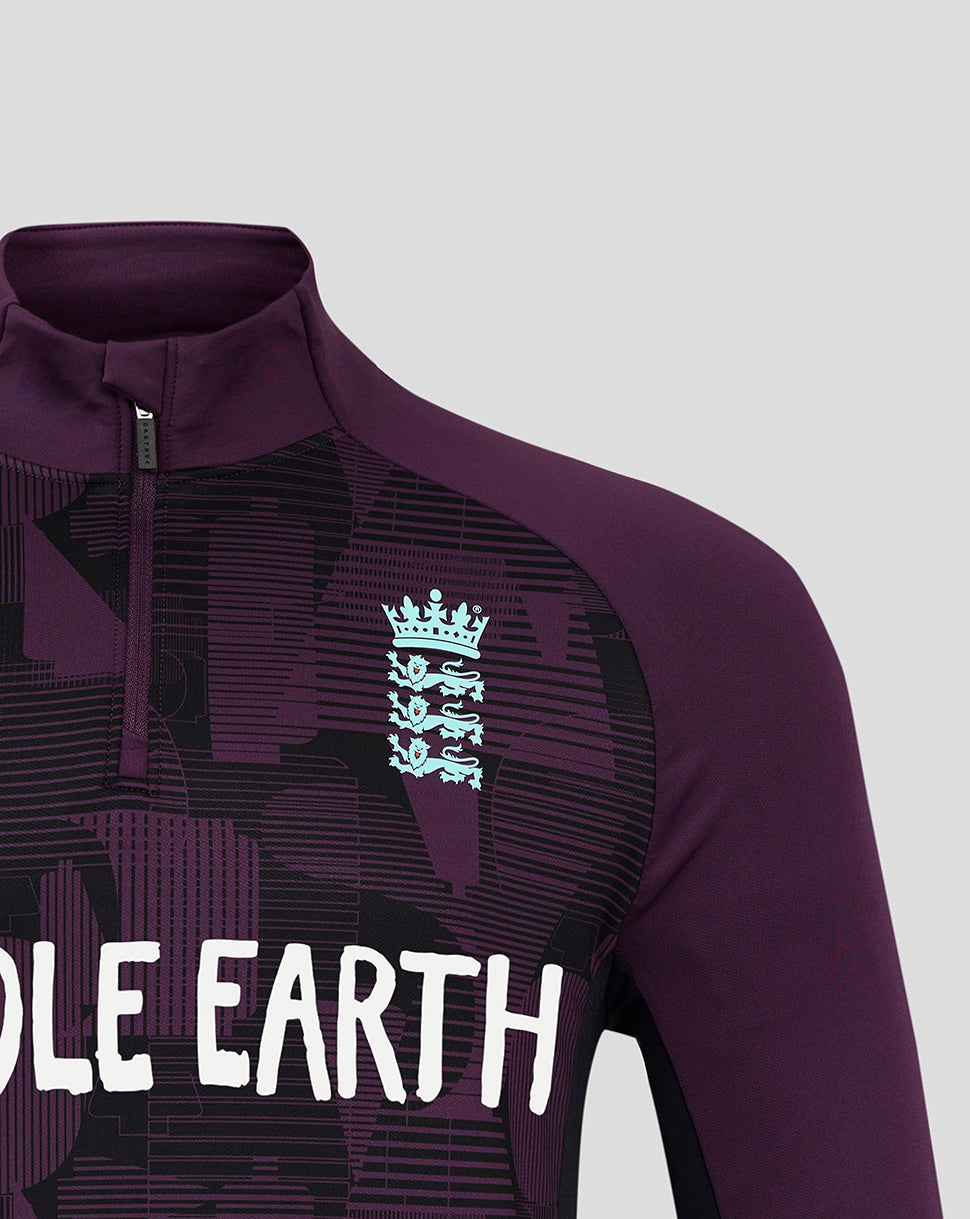 Purple sports jersey with a logo and text on a light gray background