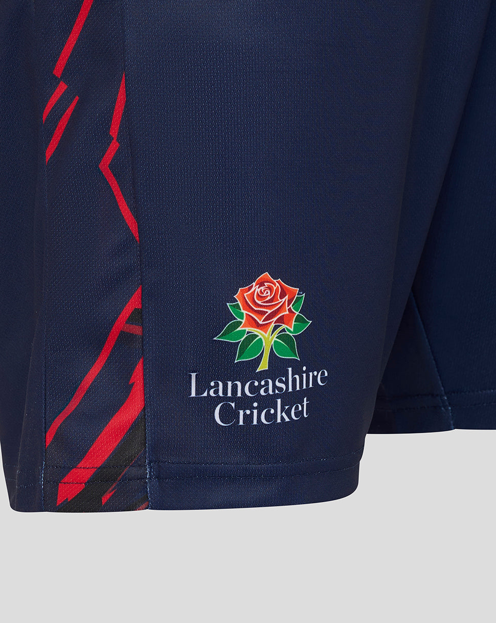 Navy blue sports shorts with red and black accents and a Lancashire Cricket logo.