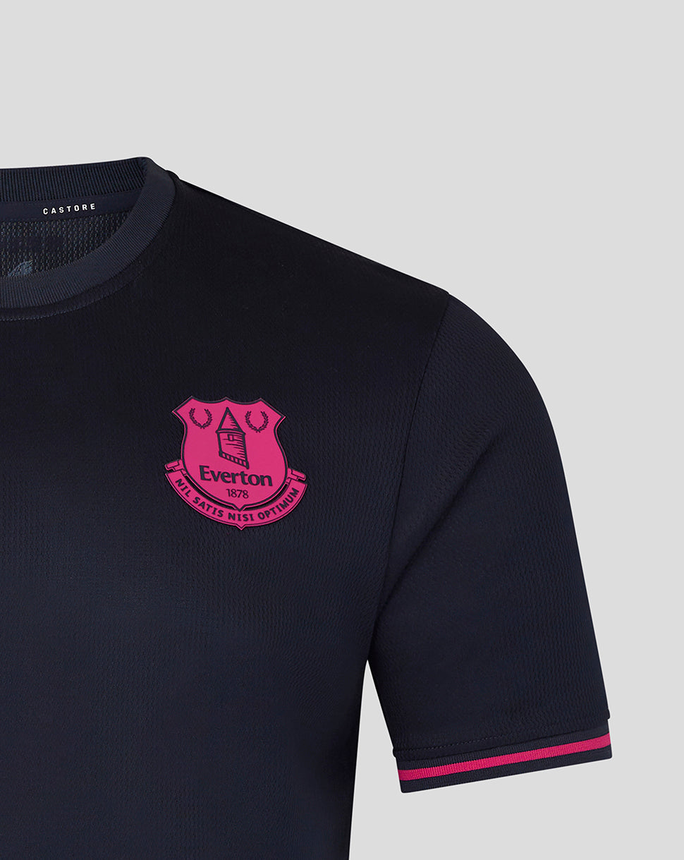 Black sports jersey with pink logo on a light gray background