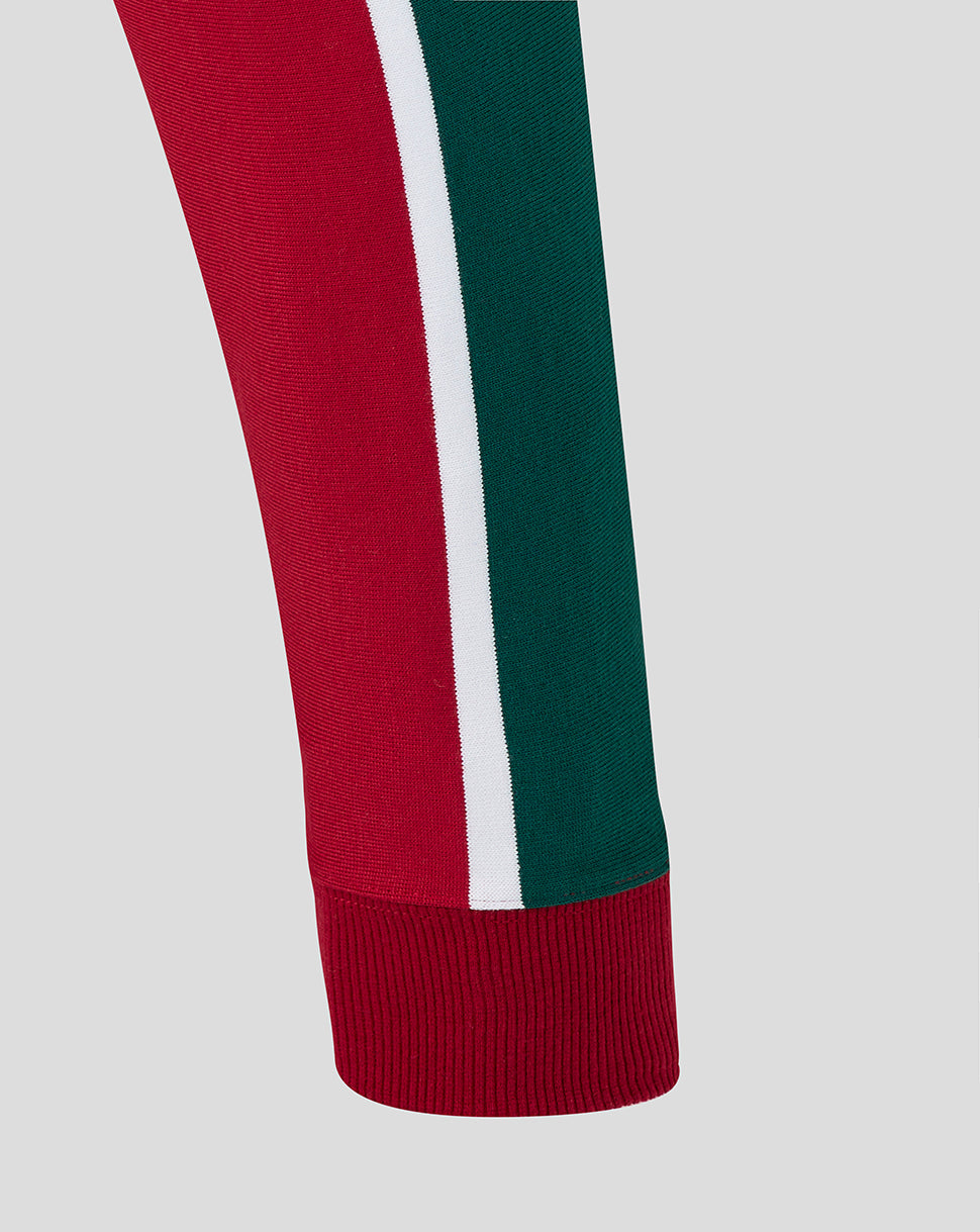 Close-up of a red and green striped sock on a light gray background