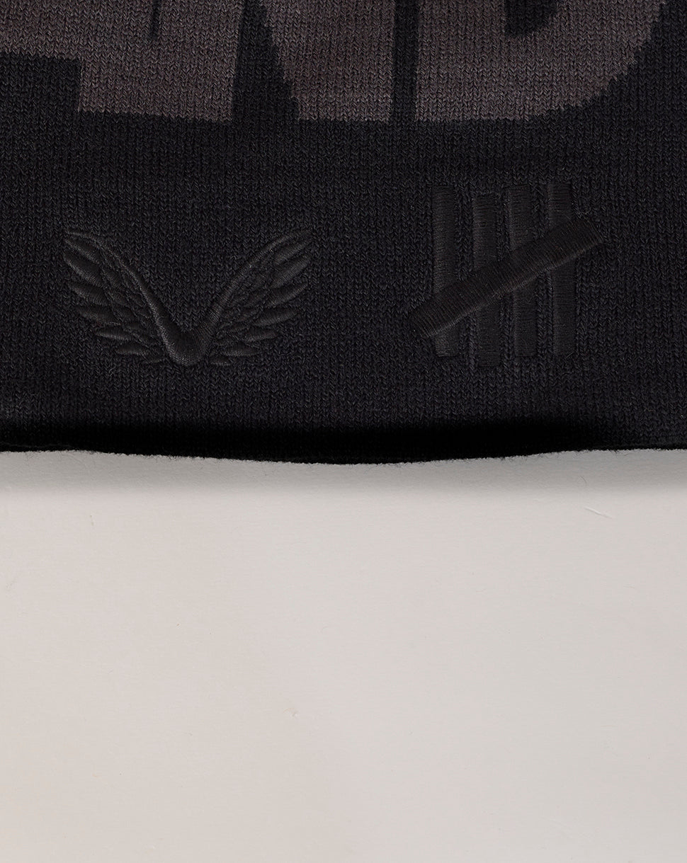 Black beanie with logo on a white background