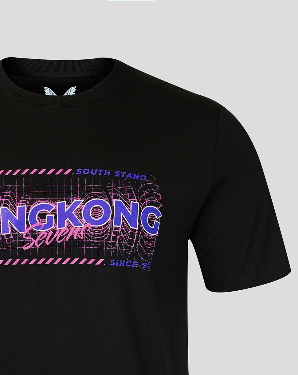 Black t-shirt with colorful graphics and text on a gray background