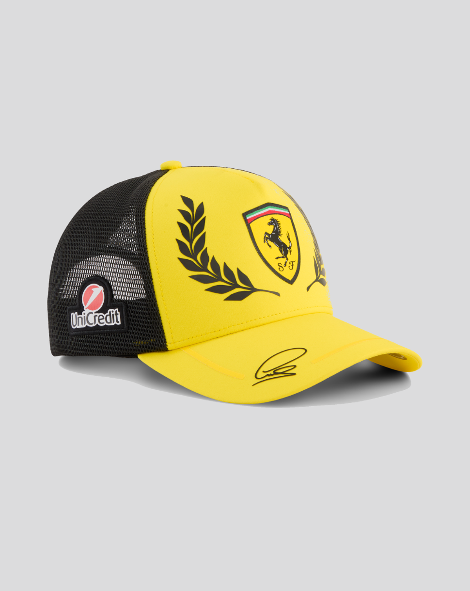 Speed yellow Ferrari trucker cap with black mesh back and Ferrari crest.
