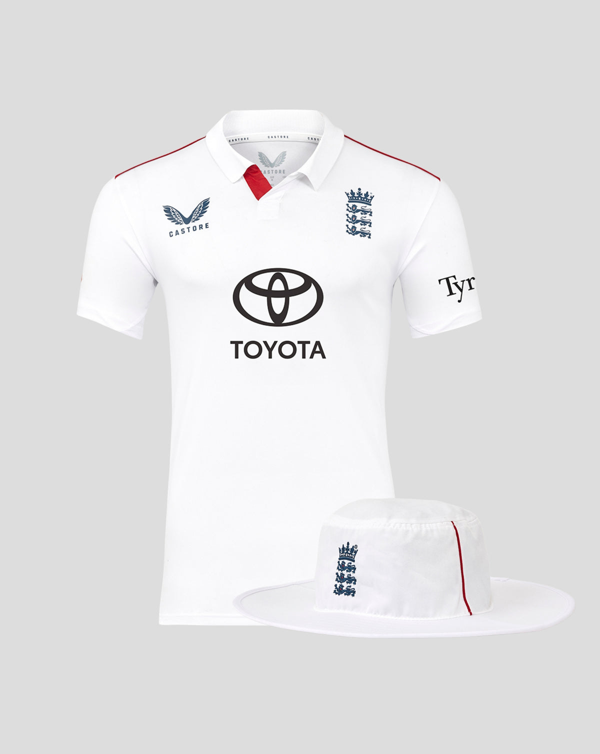 Mens 26/27 Test white short sleeve shirt with crest and Toyota logo, paired with a wide brim hat