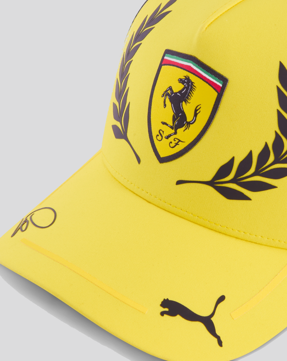 Bright yellow Scuderia Ferrari cap with shield crest laurel details and a Puma logo on the brim