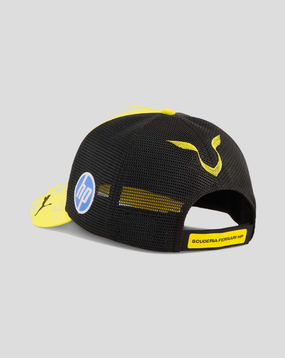 Back view of yellow and black Scuderia Ferrari HP trucker cap with adjustable strap.