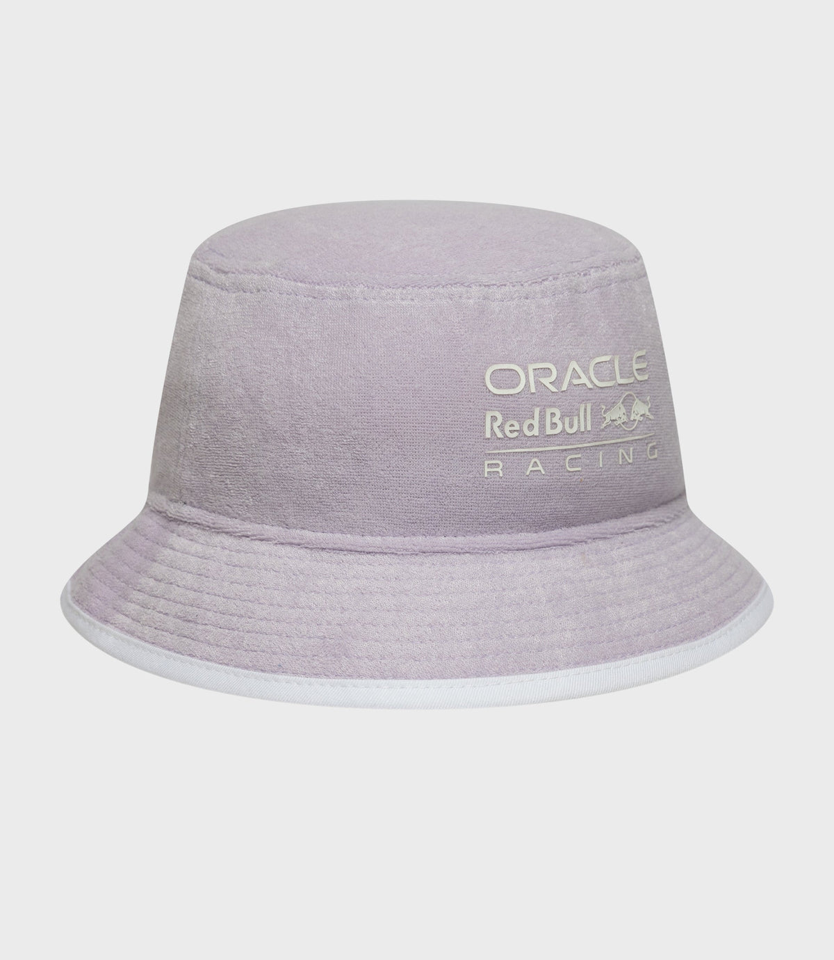 Close up of lavender bucket hat crown with Oracle Red Bull Racing branding.