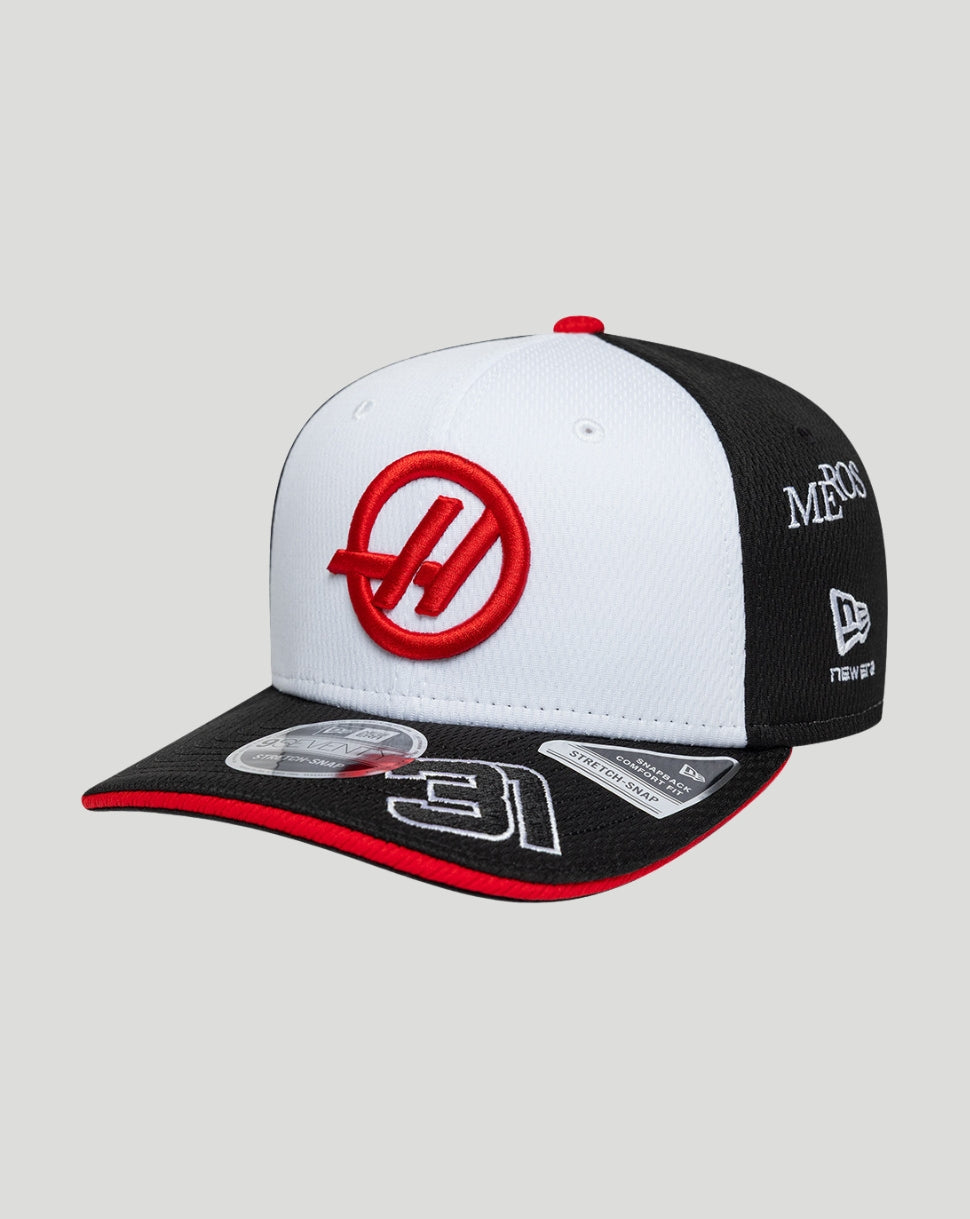 Embroidered red Haas logo on the white front panel of a cap with black sides and red brim trim.