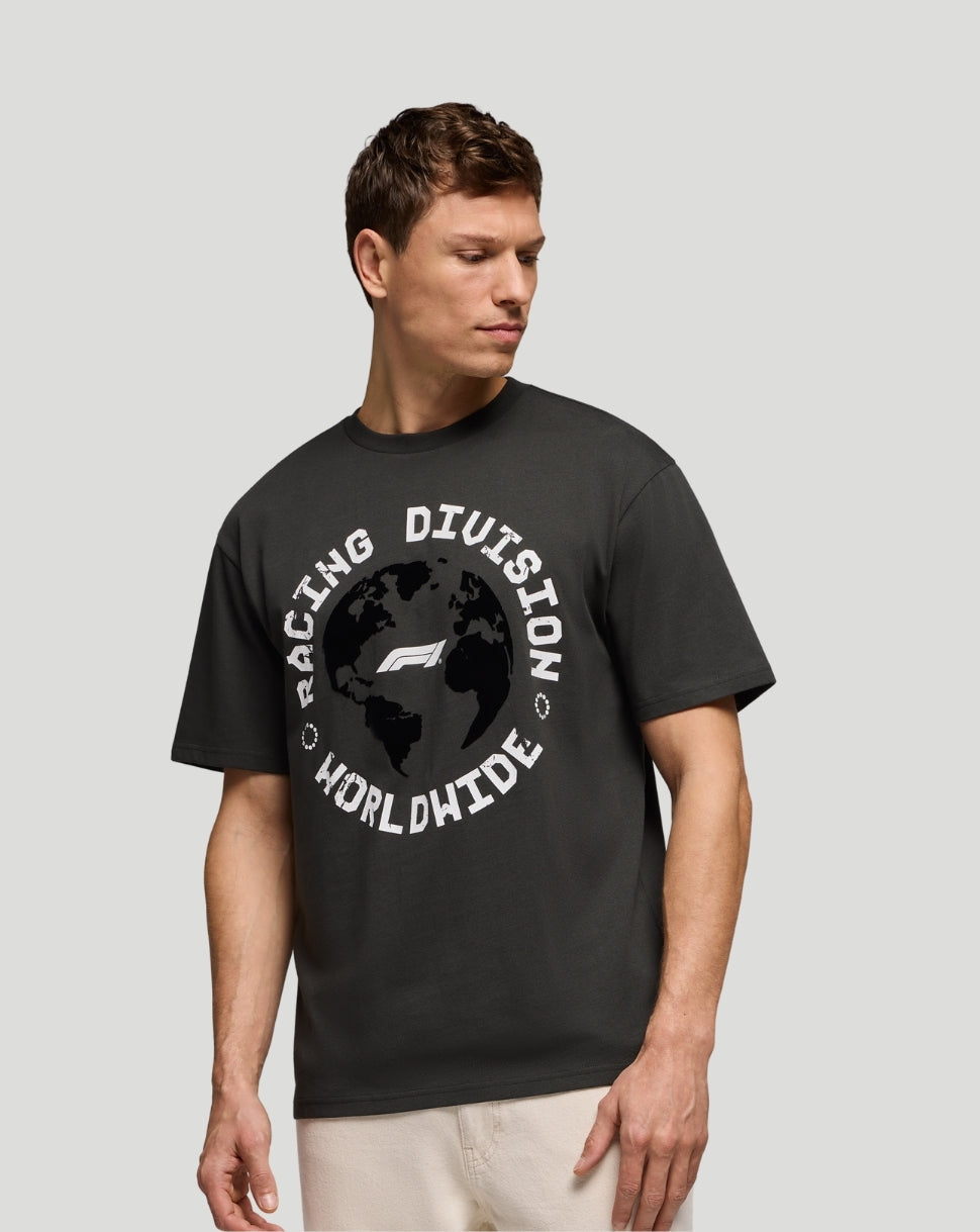 Man wearing black F1 Racing Division Worldwide T-shirt with globe graphic on the front