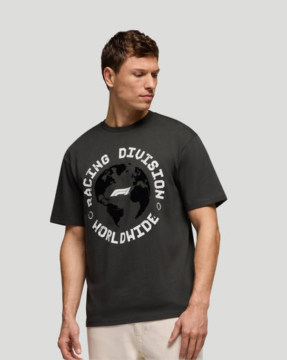 Man wearing black F1 Racing Division Worldwide T-shirt with globe graphic on the front