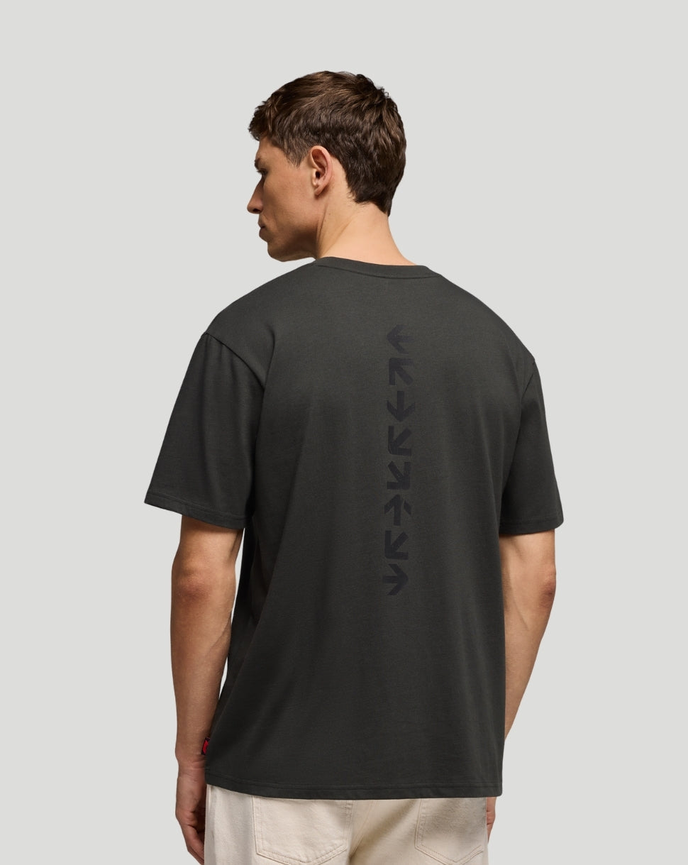 Back view of black F1 Racing Division Worldwide T-shirt with vertical arrows along the spine