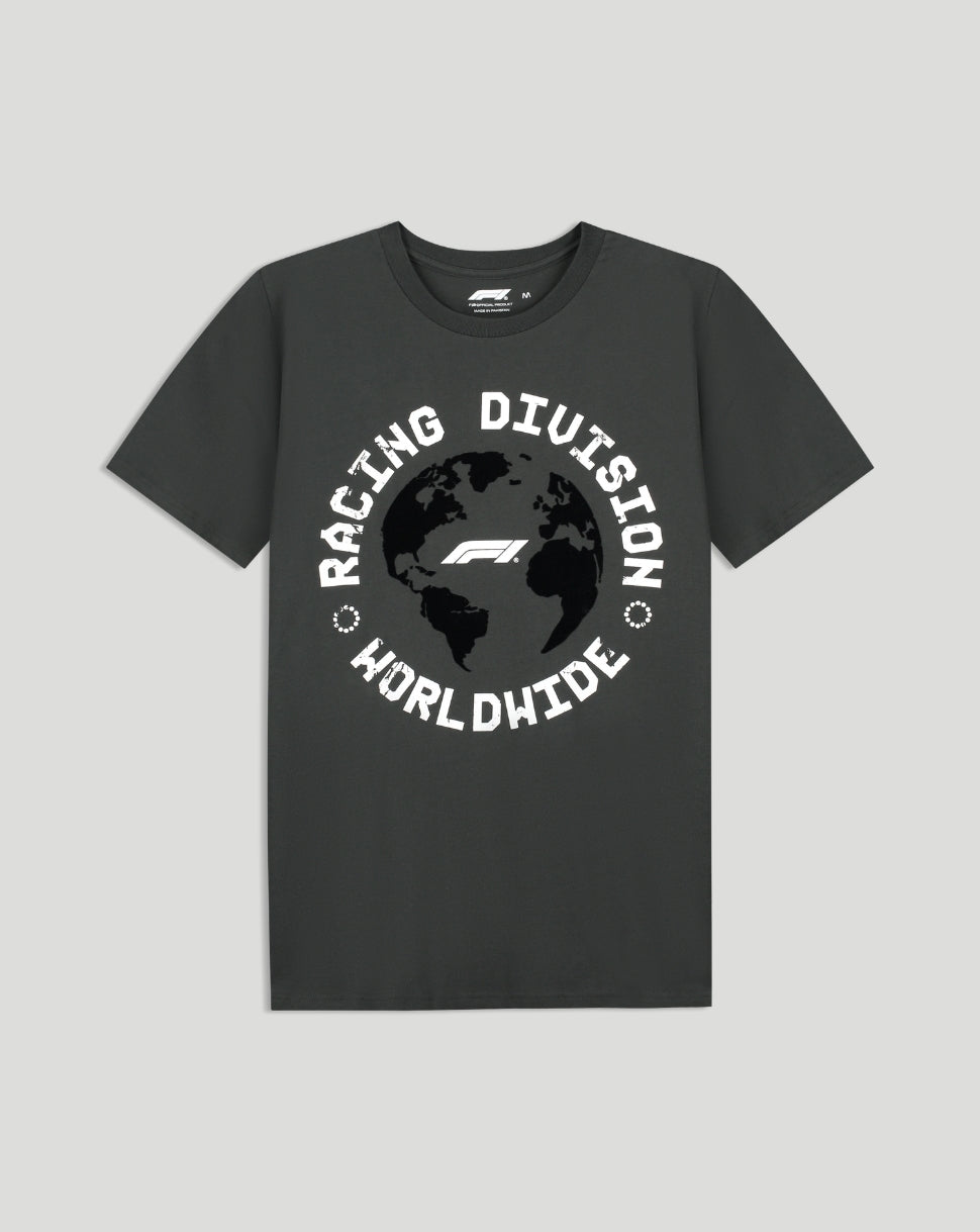 Front view of a black F1 racing T shirt featuring a white globe graphic and the F1 logo