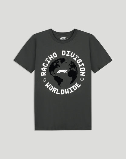 Front view of a black F1 racing T shirt featuring a white globe graphic and the F1 logo
