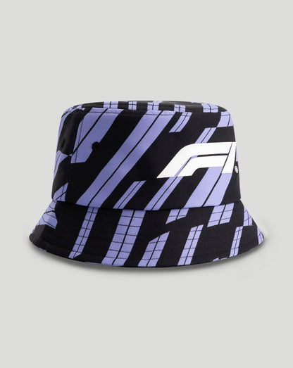 Unisex F1 Fanwear bucket hat in purple and black with diagonal track pattern and white F1 logo