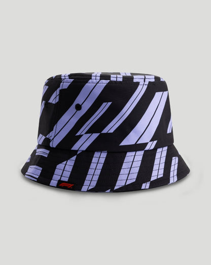 Front view of the purple and black F1 Fanwear bucket hat featuring a diagonal track graphic and white logo