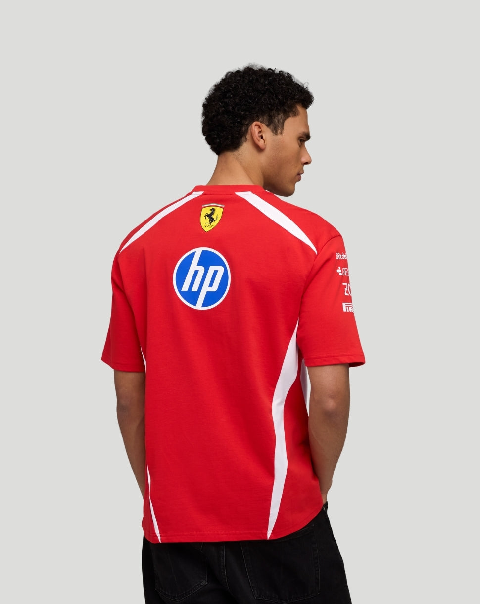 Back view of red Scuderia Ferrari Team Drivers T Shirt with HP logo and Ferrari crest at the neckline.